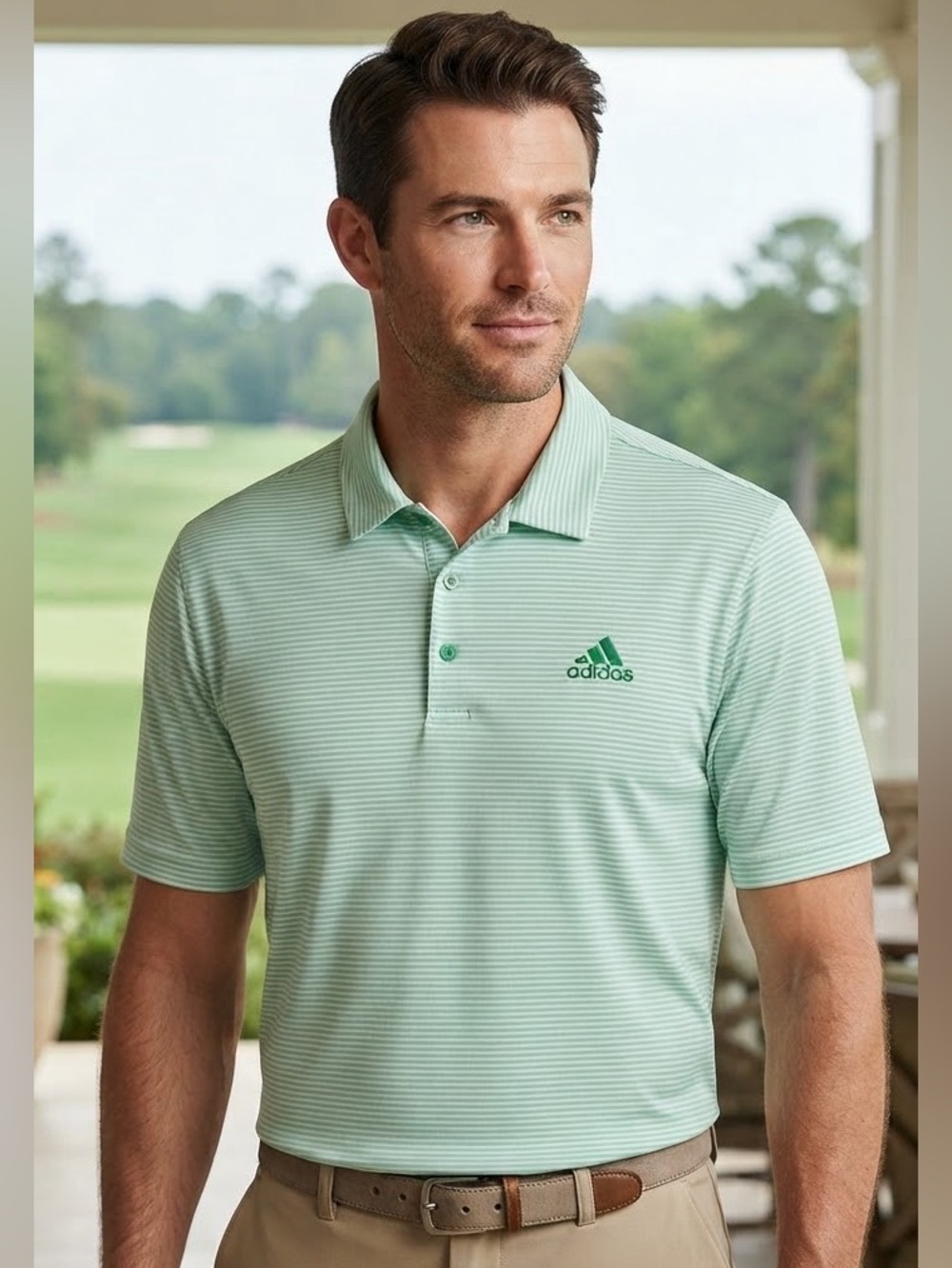 Adidas Men's Green Striped Golf Polo
